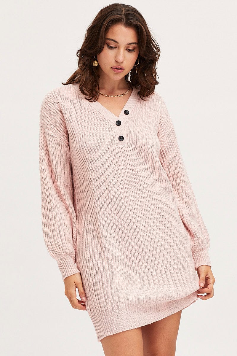 Pink Dress Long Sleeve Mini Knit