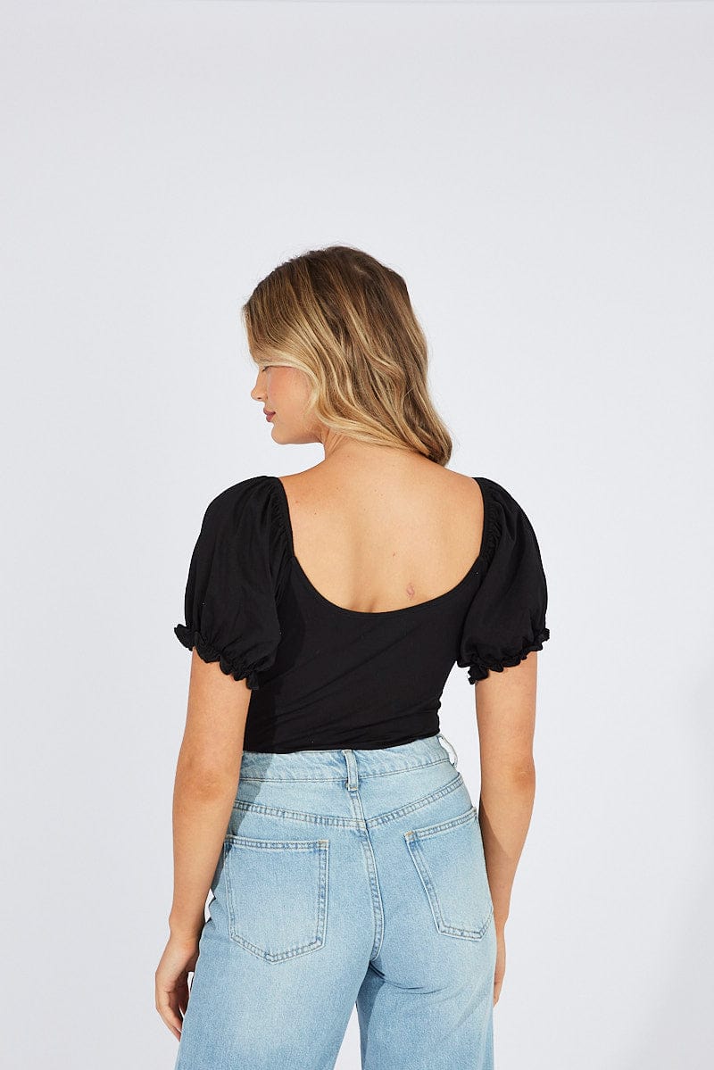 Black Bodysuit Short Sleeve Sweetheart Neckline Jersey