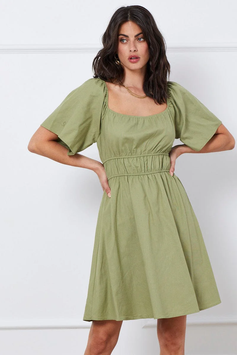 Green Mini Dress Short Sleeve Square Neck