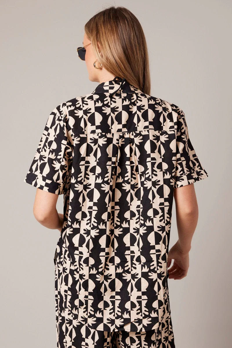 Black Abstract Relaxed Shirt Short Sleeve Linen  Blend