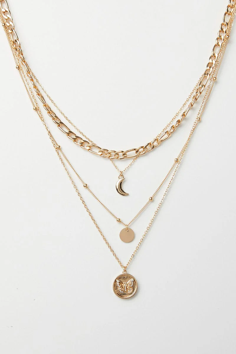 Gold Coin, Moon and Butterfly Layered Necklace