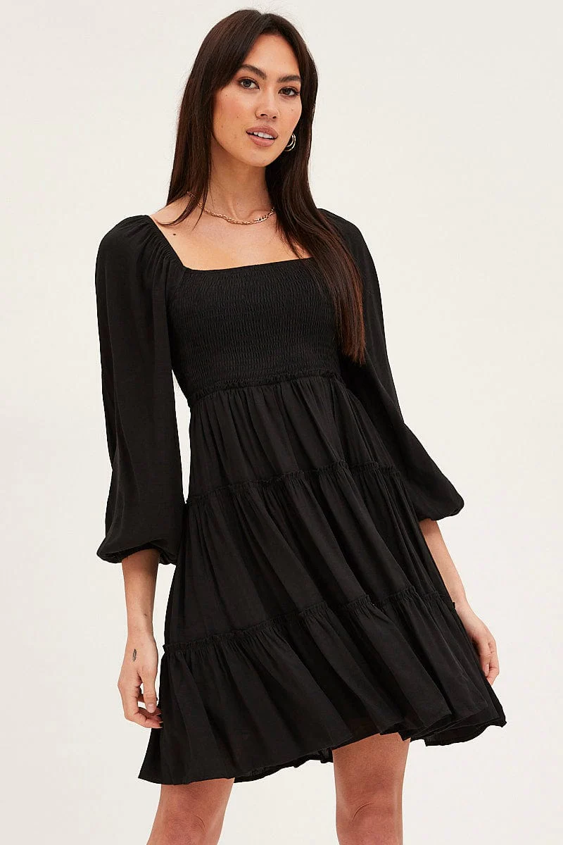 Black Fit And Flare Dress Long Sleeve Square Neck
