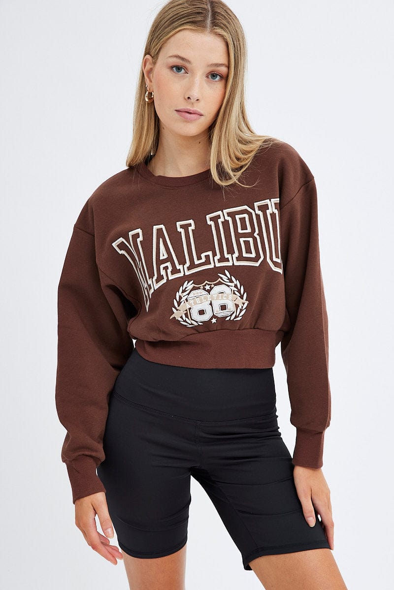 Brown Sweater Round Neck Long Sleeve Embroidery