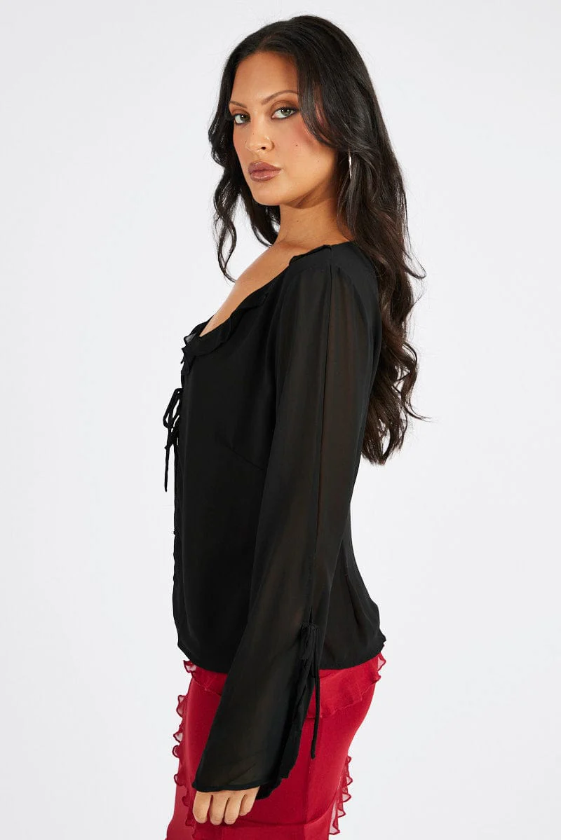 Black Frill Split Top Tie Front Long Sleeve