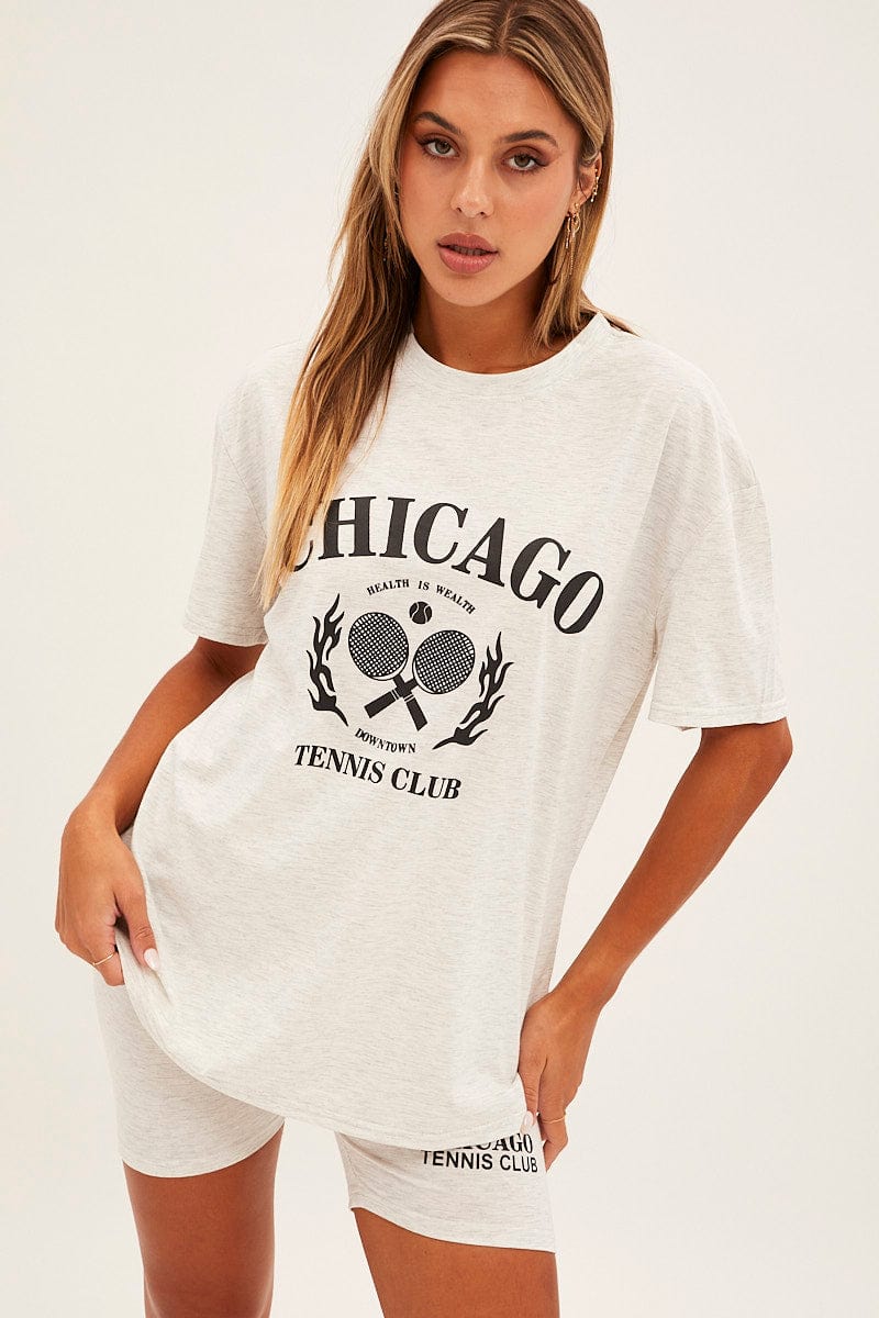 Grey Graphic T And Biker Shorts Set