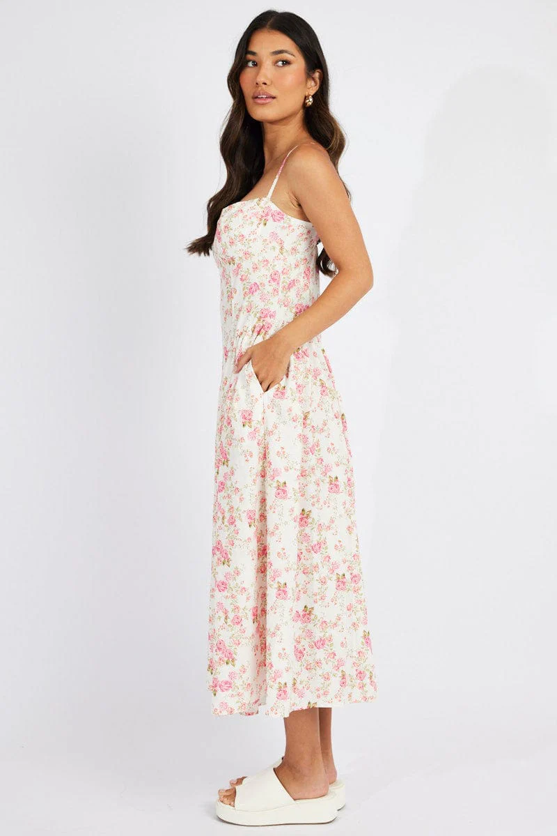 Pink Floral Midi Dress Sleeveless