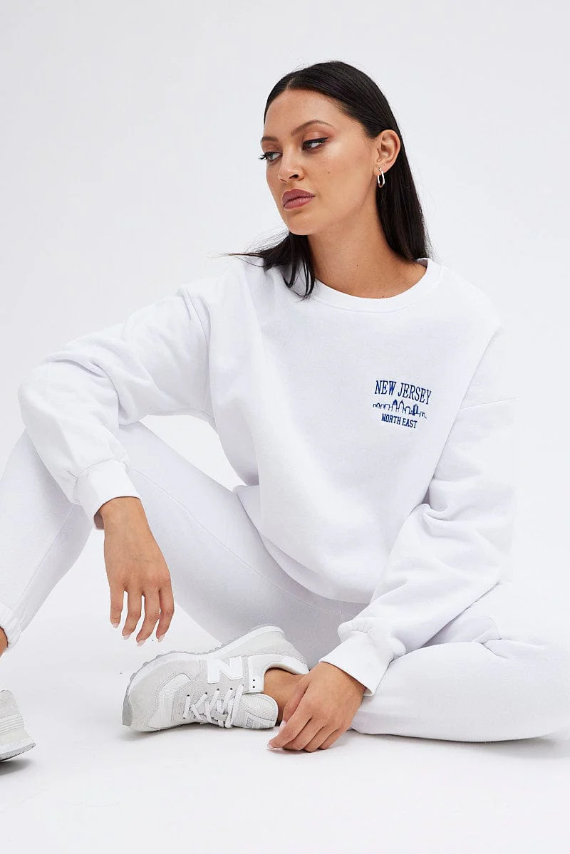 White Graphic Sweater Long Sleeve Slightly Stretch