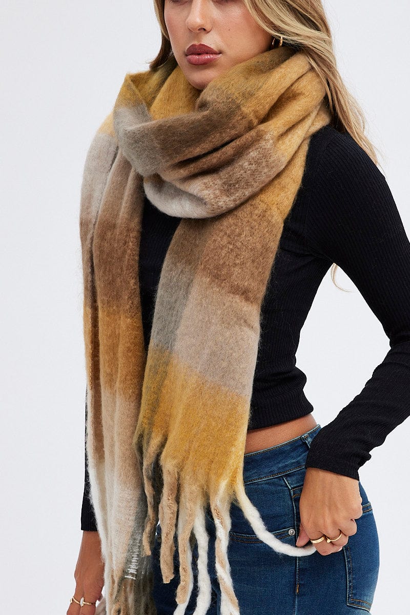 Beige Check Chunky Fluffy Tassel Scarf