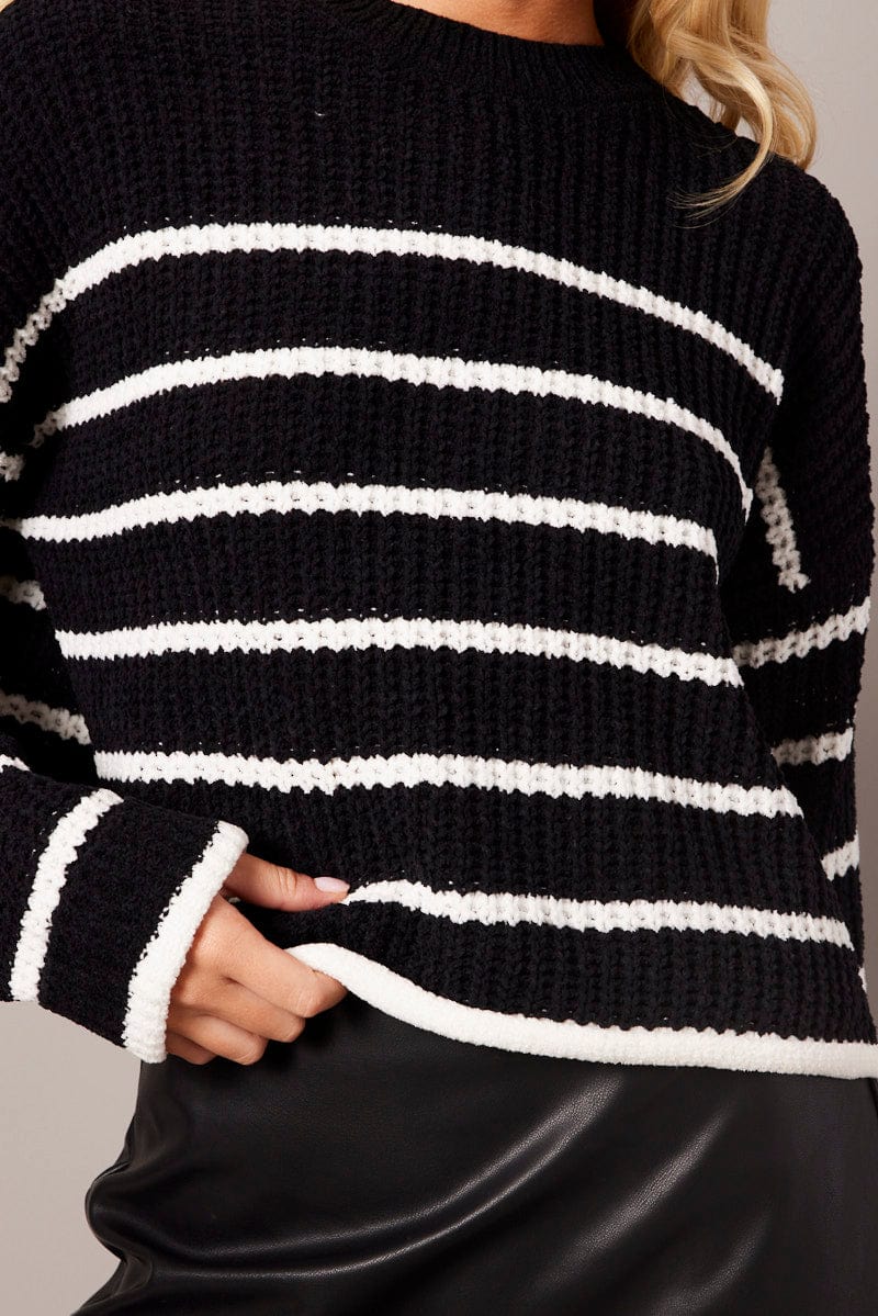 Black Stripe Knit Top Long Sleeve Chenille