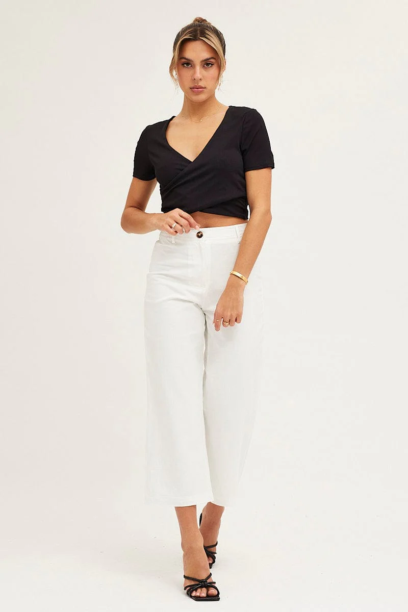 Black Short Sleeve V Neck Rib Jersey Crossover Top