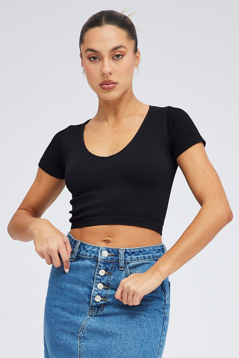 Black T Shirt Short Sleeve V Neck Seamless