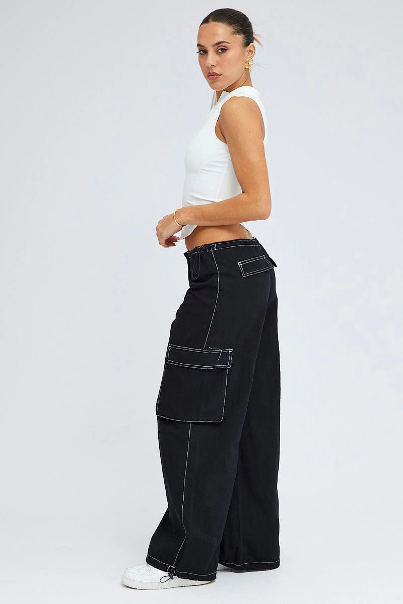 Black Parachute Pants Low Rise