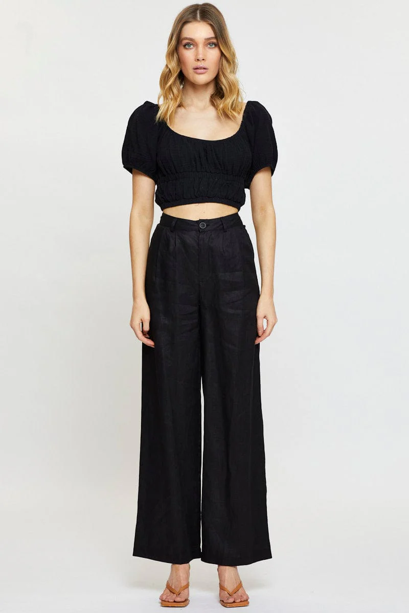 Black Crop Top Short Sleeve Gathered Bust