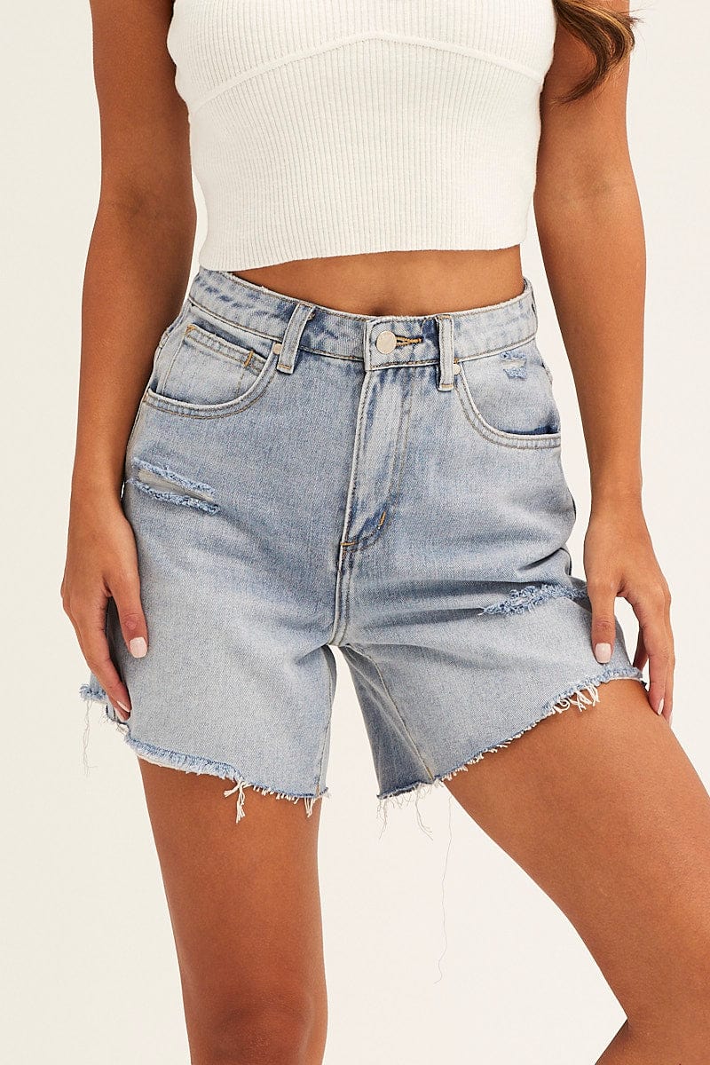 Blue Denim Shorts Knee Length High Rise