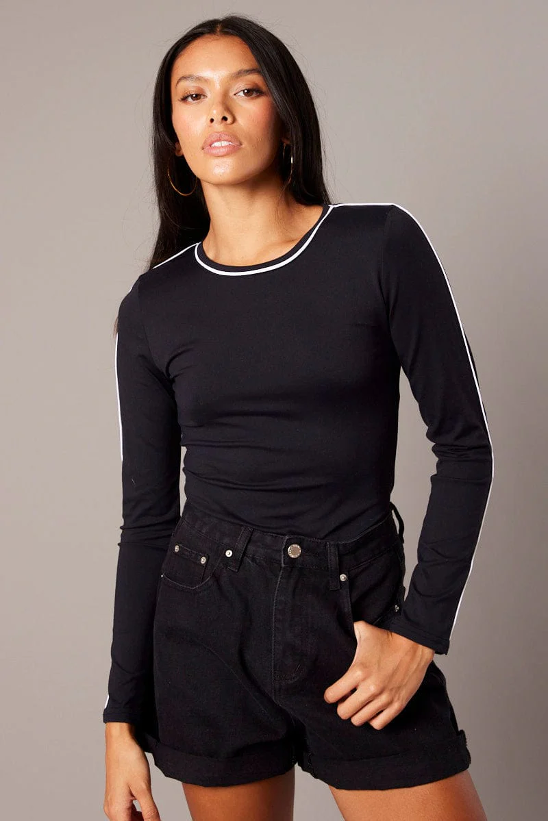 Black Contrast Tipped Top Long Sleeve Supersoft
