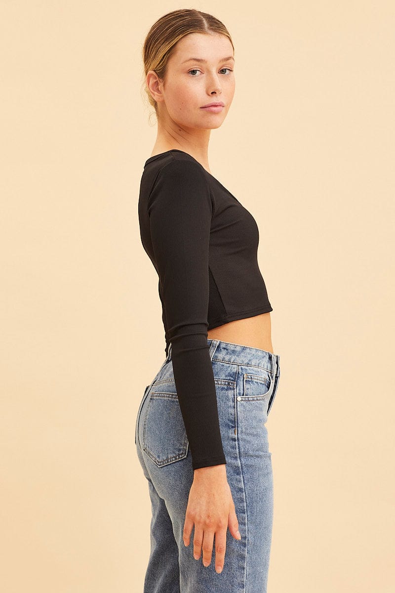 Black Crop Top Scoop Neck Long Sleeve Rib