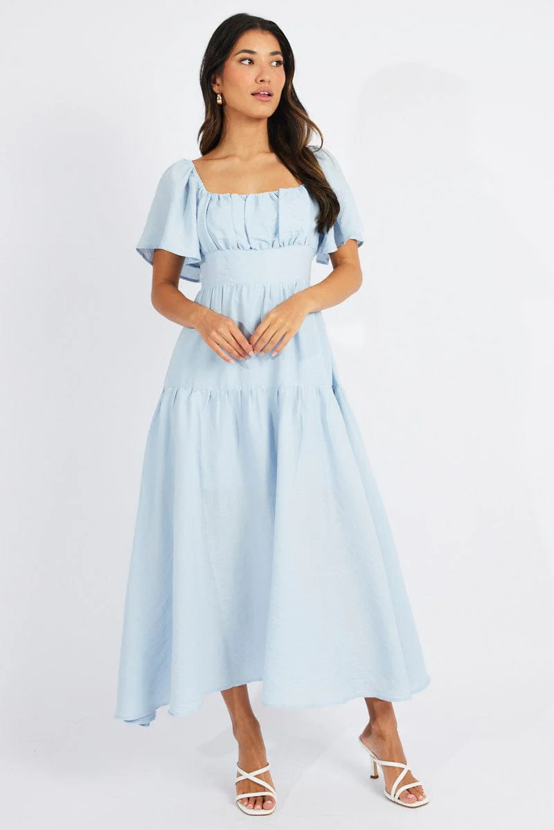 Blue Maxi Dress Square Neck Tiered