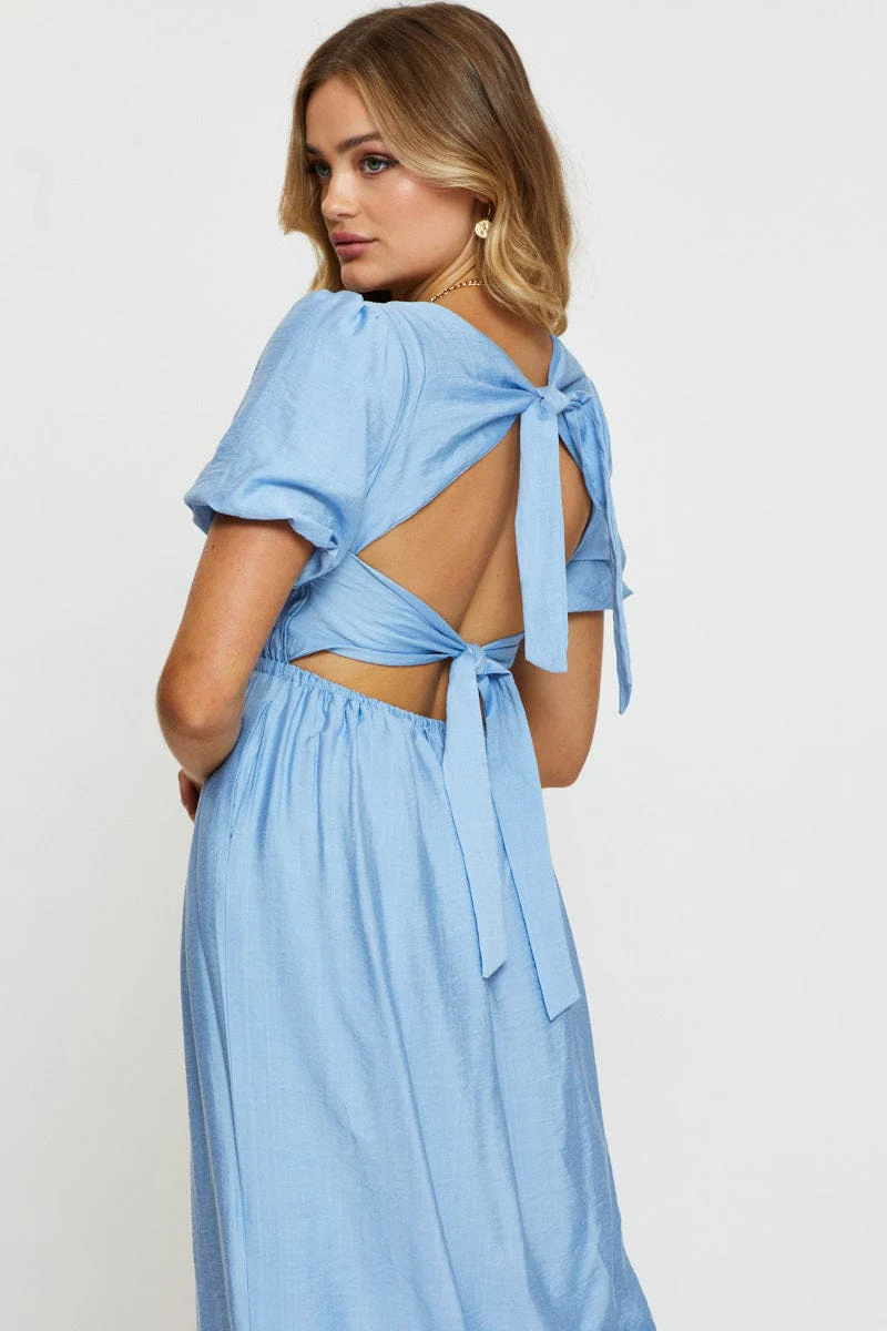 Blue Midi Dress Short Sleeve Square Neck