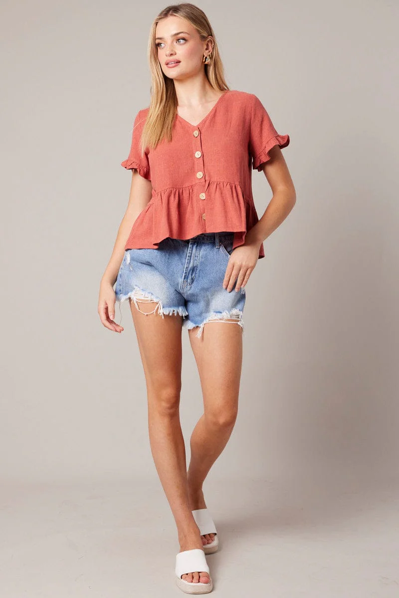 Brown Button Up Top V-Neck Frill Hem Top Linen