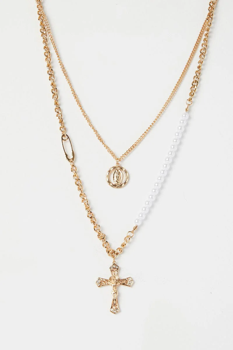Gold Cross Charm Layered Necklace