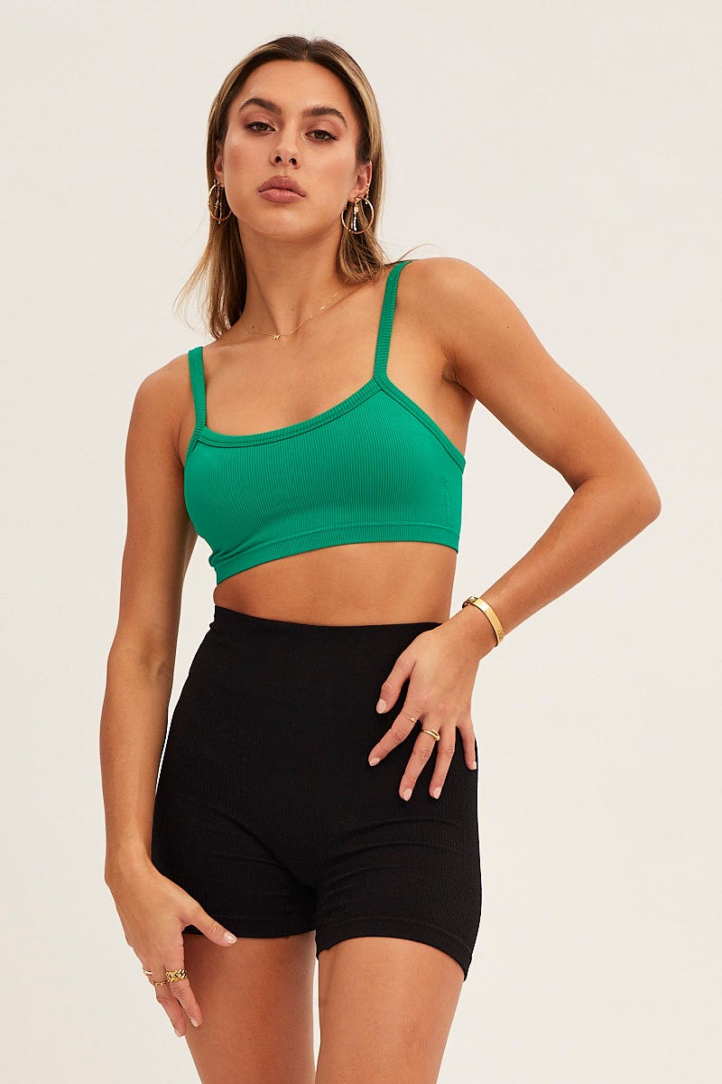 Green Bralette Crop Round Neck Seamless