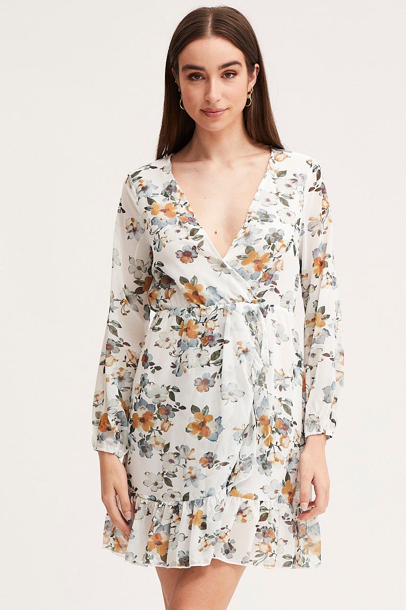 Print Mini Dress Long Sleeve V Neck