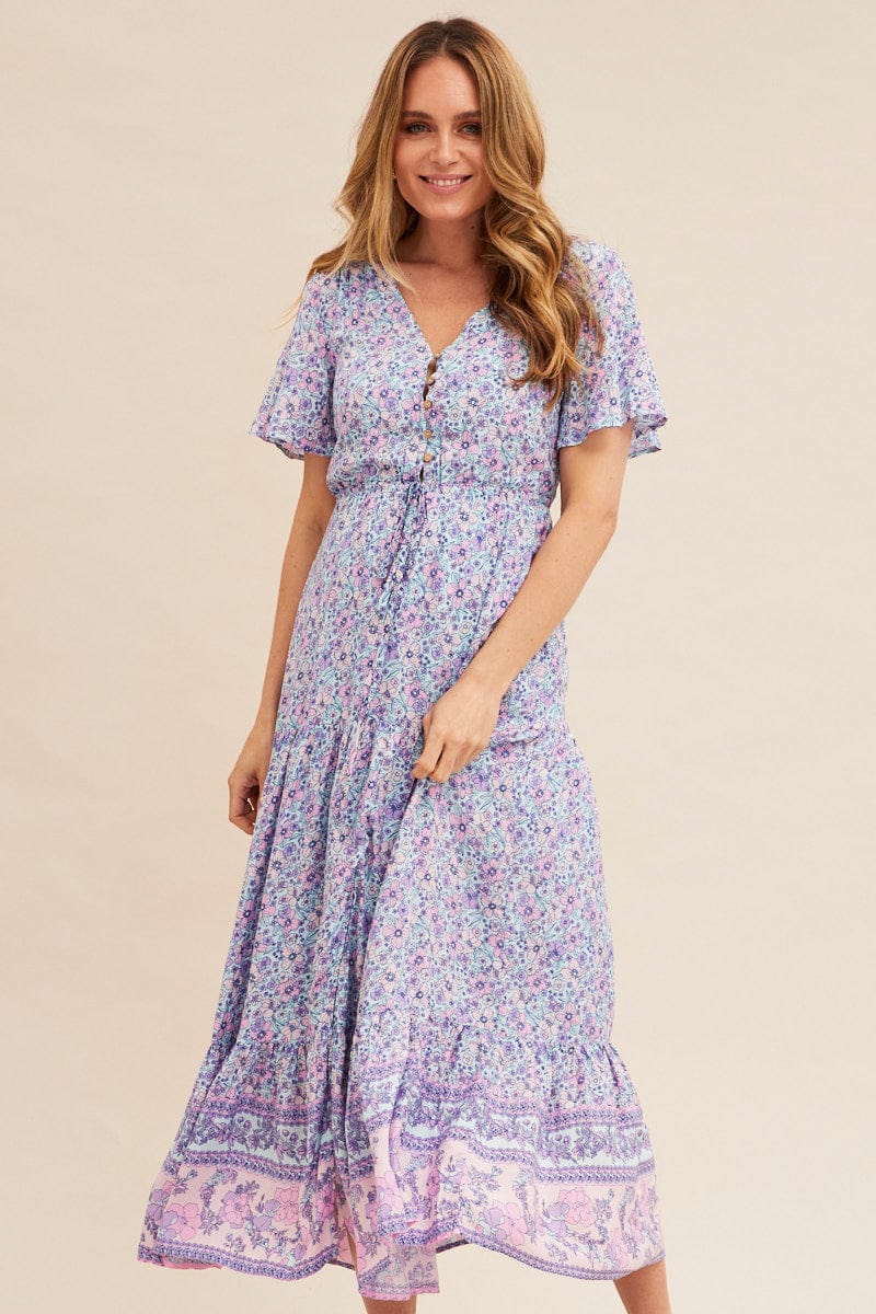 Boho Print Short Sleeve Maxi Dress