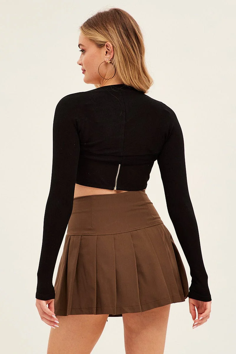 Brown Tie Front Tennis Mini Skirt