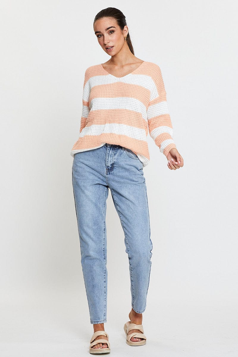 Stripe Knit Top Long Sleeve Relaxed V-Neck