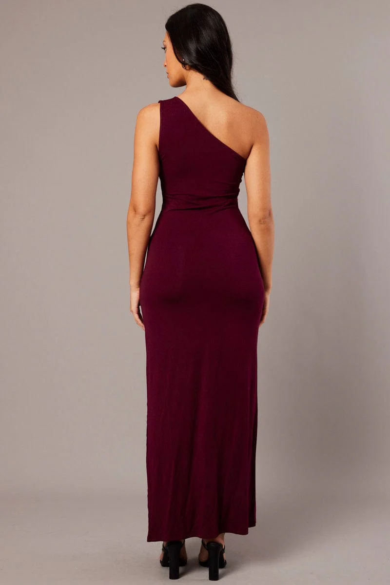 Red One Shoulder Maxi Dress Side Split