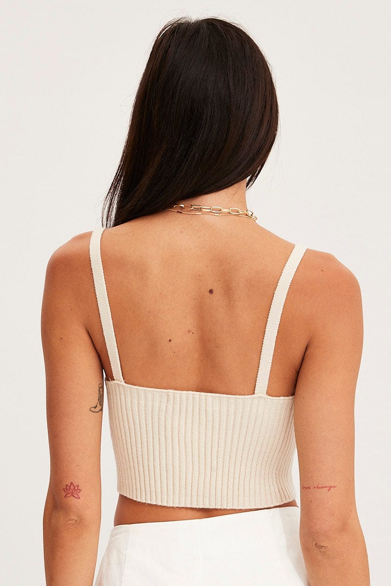 Beige Knit Top Sleeveless Crop Cross Over