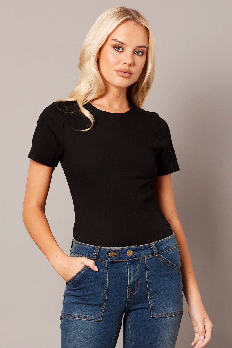 Black T Shirt Short Sleeve Round Neck Longline Lined