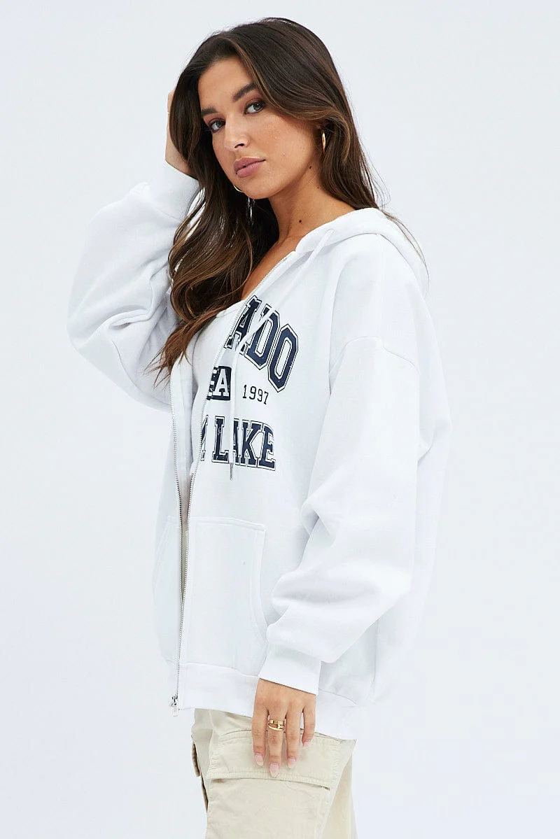 White Zip Hoodie Long Sleeve Graphic