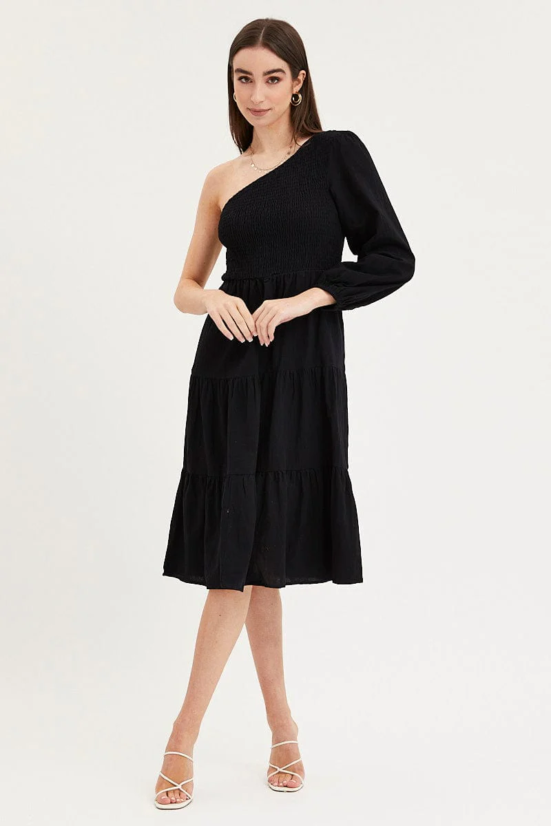 Black Dress One Shoulder Midi
