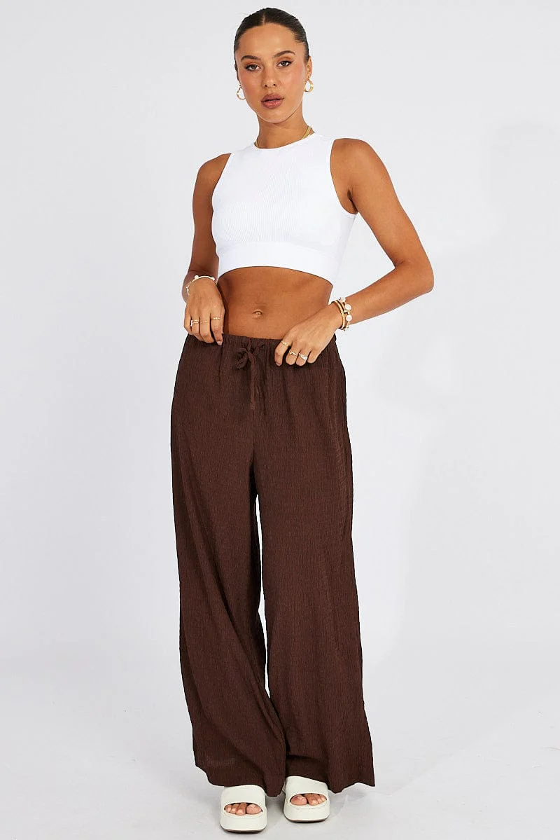 Brown Wide Leg Pants High Rise Textured Fabric