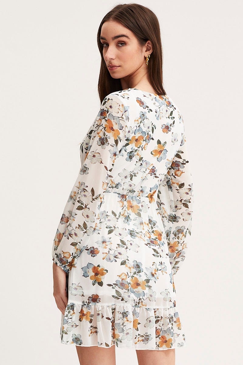 Print Mini Dress Long Sleeve V Neck