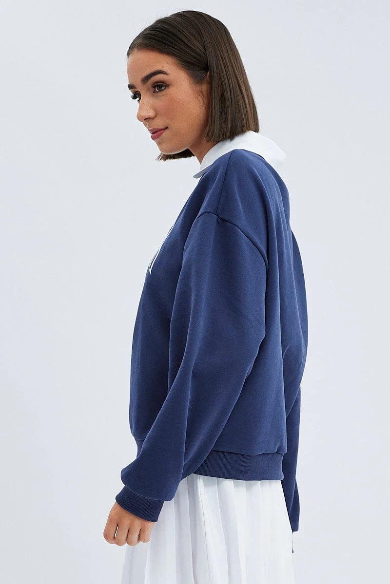 Blue Embroidered Sweater With Collar Varsity Sweat
