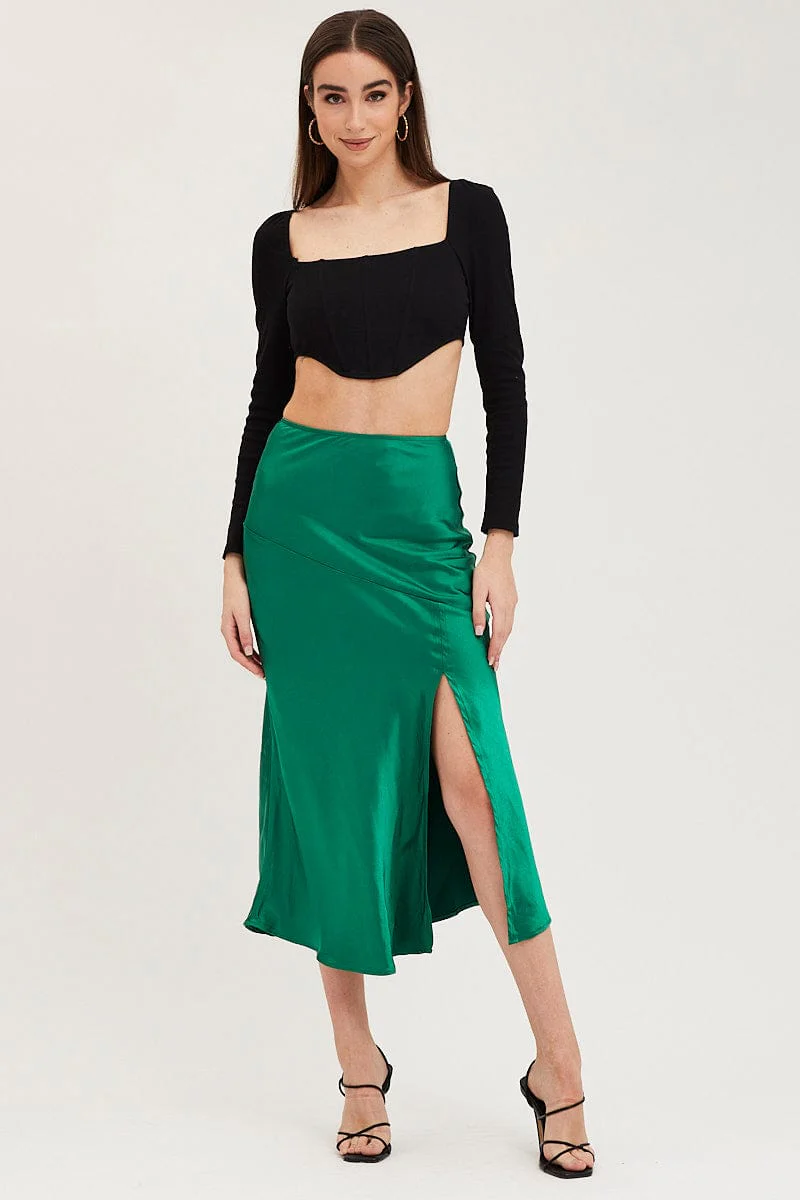 Green Slip Skirt Front Split Satin