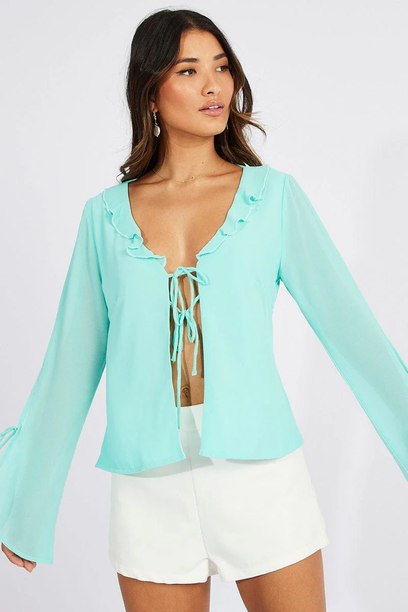 Blue Frill Split Top Tie Front Long Sleeve