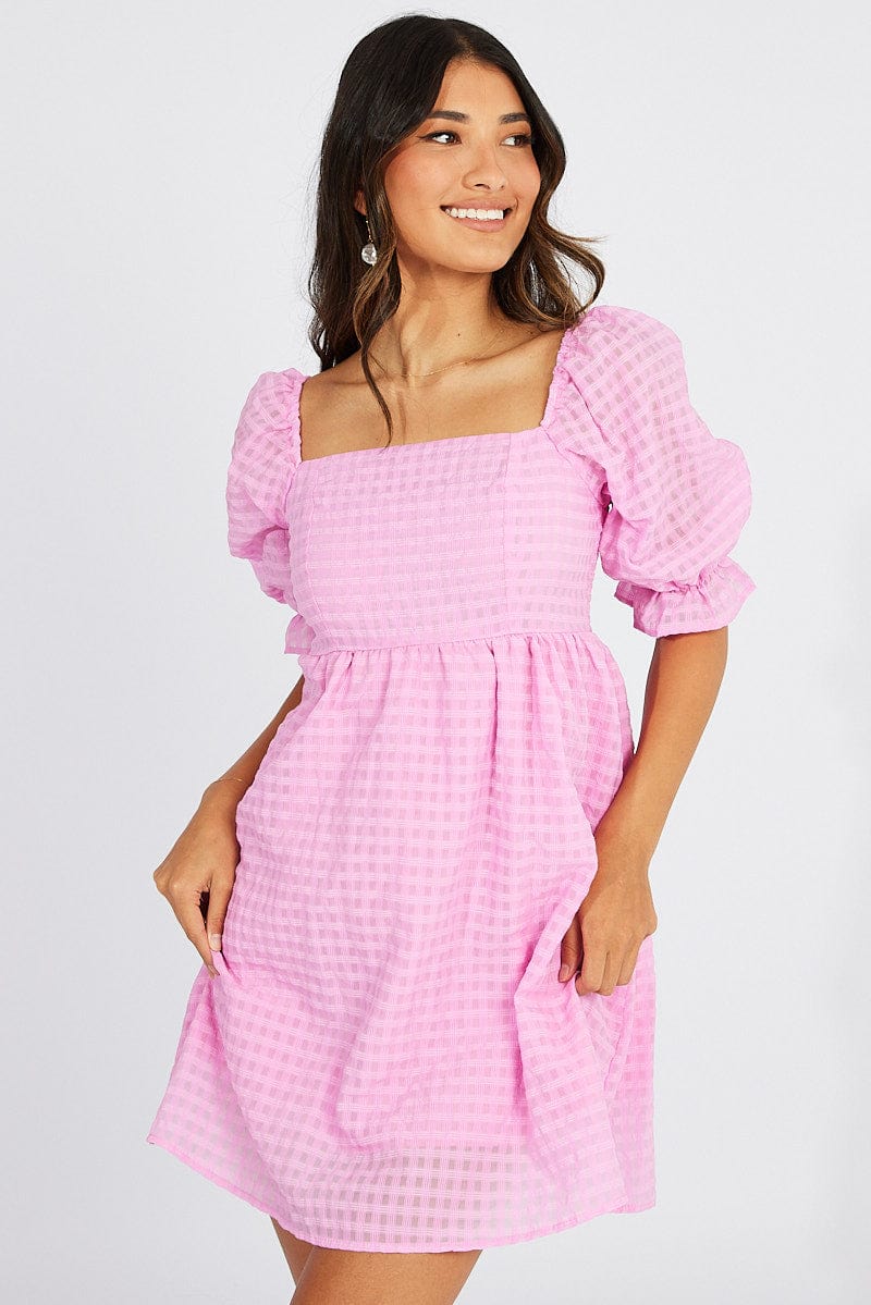 Pink Mini Dress Puff Sleeve