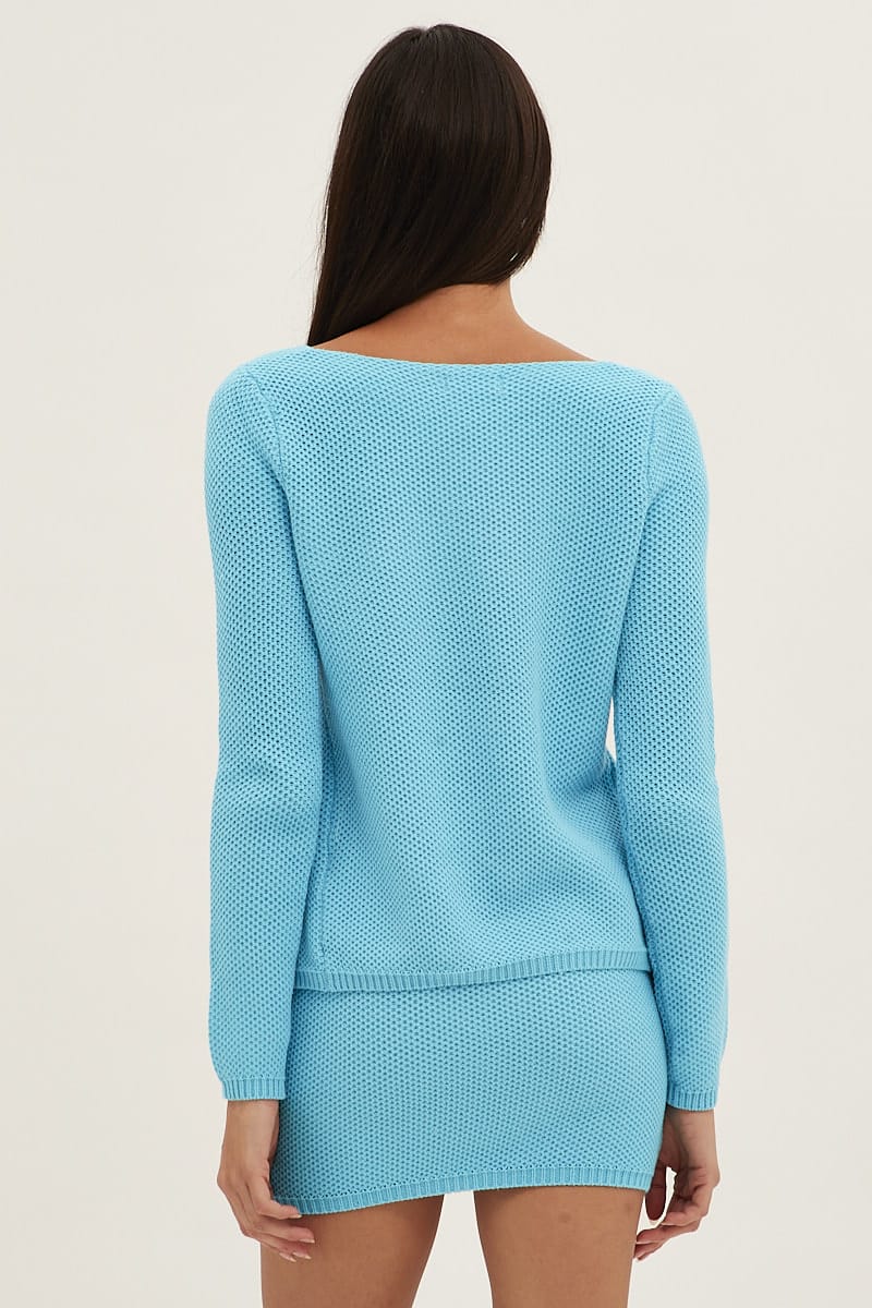 Blue Bolero Long Sleeve V Neck Tie Front Crochet Cotton