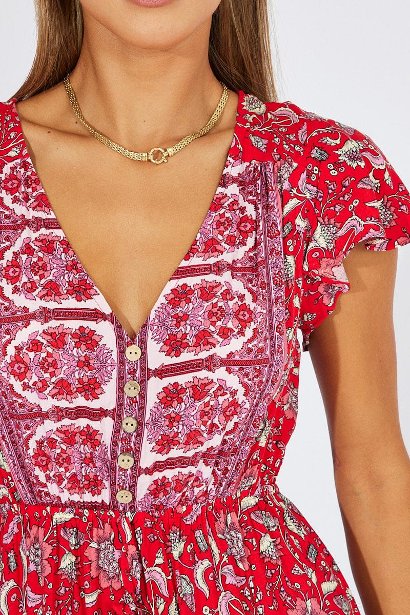 Red Boho Maxi Dress Short Sleeve