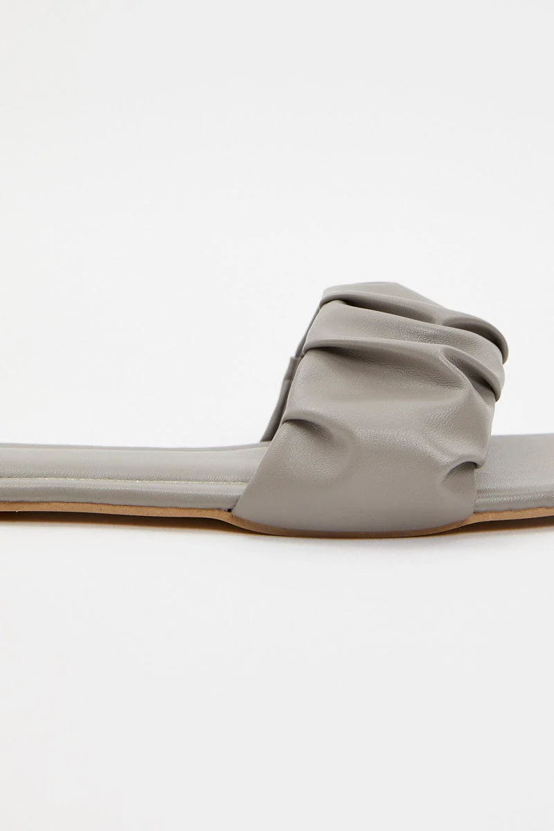 Grey Faux Leather Ruched Flat Slides
