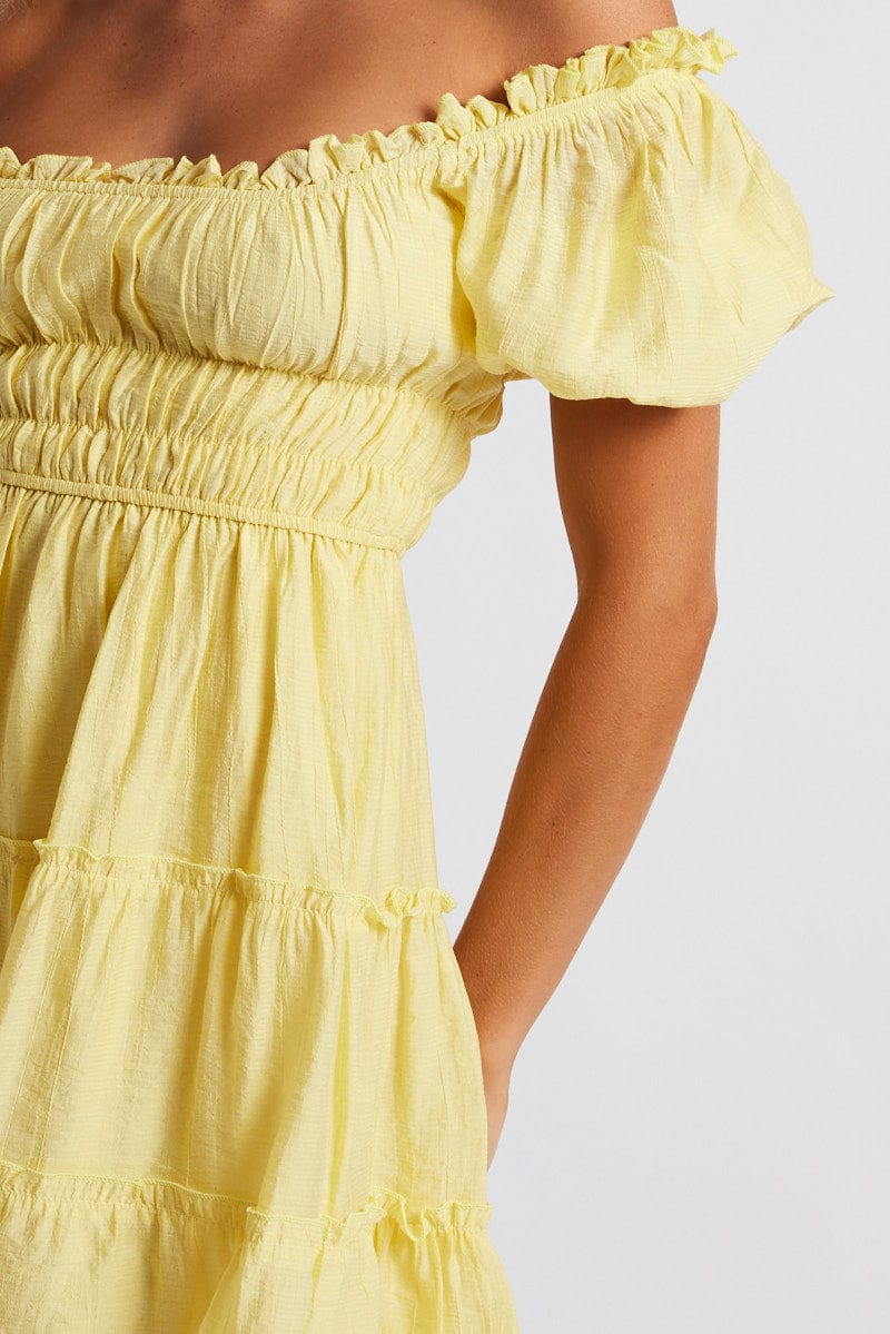 Yellow Fit And Flare Dress Puff Sleeve
