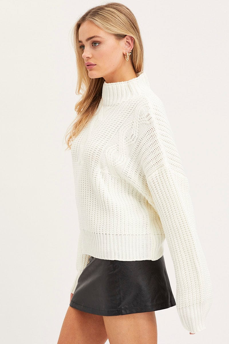 White Knit Top Long Sleeve Oversized Turtleneck Cable