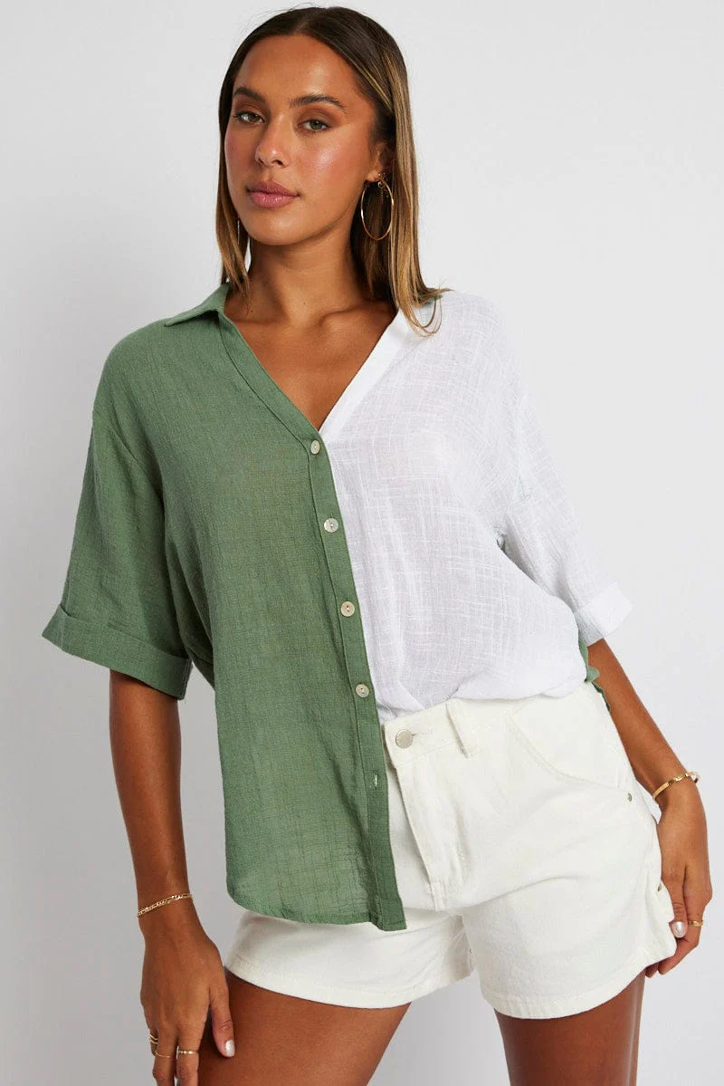 Green Colour Block Shirt Half Sleeve Relaxed