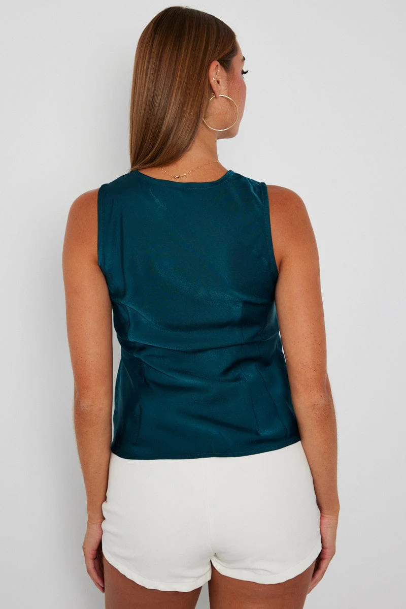 Blue Satin V Neck Top Sleeveless