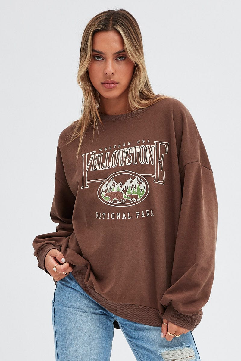 Brown Sweat Shirt Long Sleeve Crew Neck Yellowstone