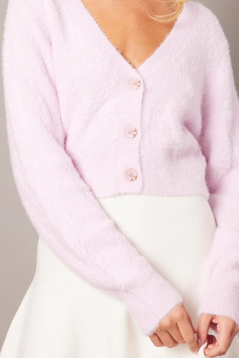 Pink Fluffy Knit Cardigan Long Sleeve V Neck