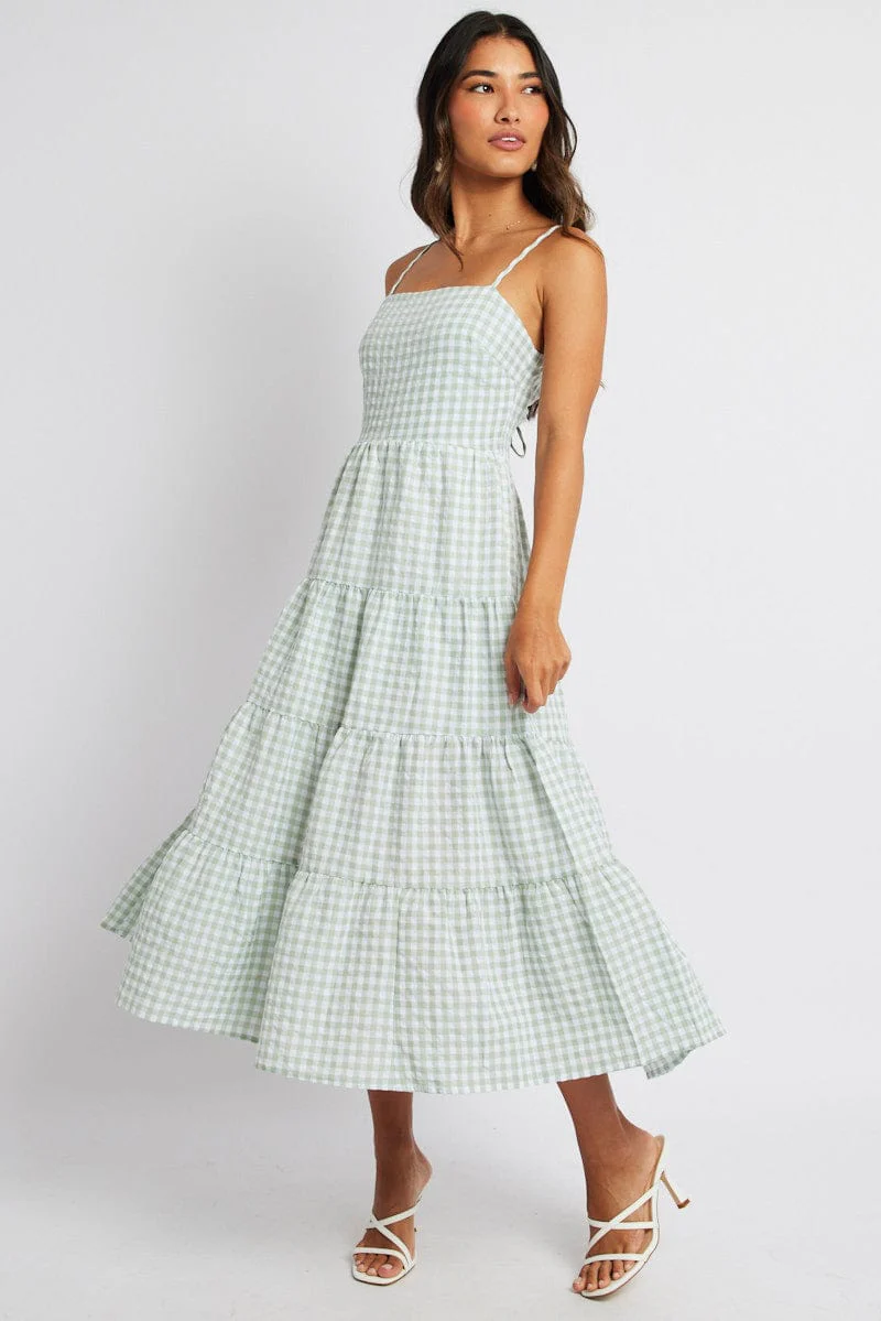 Green Check Midi Dress Sleeveless Tie Back